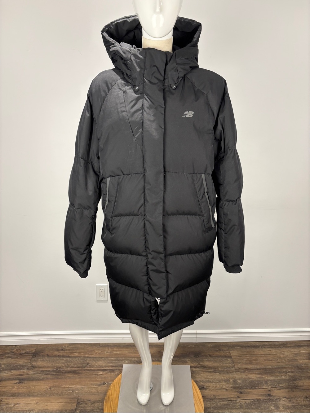 New Balance Longline Puffer Jacket Hooded Parka Coat Black Woman L